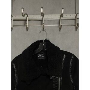 Zara Jacket Women XS Black Suede Moto Biker Penny Lane Afghan Faux Fur Shearling